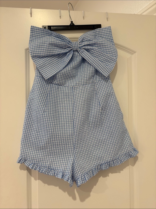 Day + Moon Pants - Light Blue Gingham Bow-Front Women’s romper